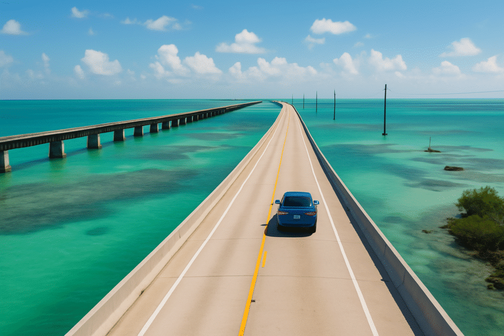 Overseas Highway, Florida Keys – Island Hopping by Car with a bridge over turquoise waters and tropical scenery.