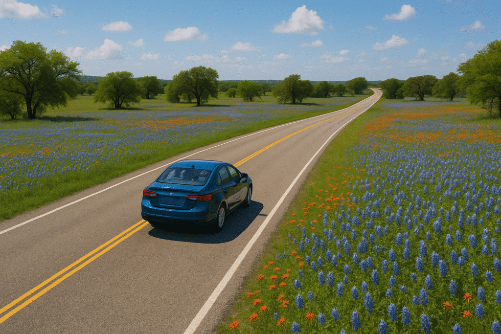 Texas Hill Country – Wine, BBQ, and Wildflowers with a scenic road lined by blooming bluebonnets and rolling green hills.