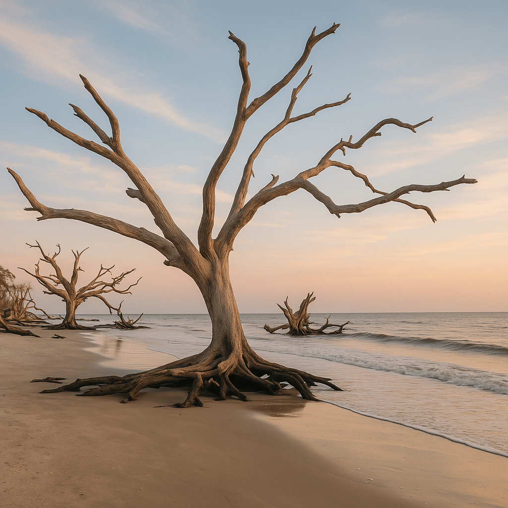 Driftwood Beach, Georgia – The Eerie, Dreamy One with gnarled driftwood trees along the sandy shoreline at sunset.