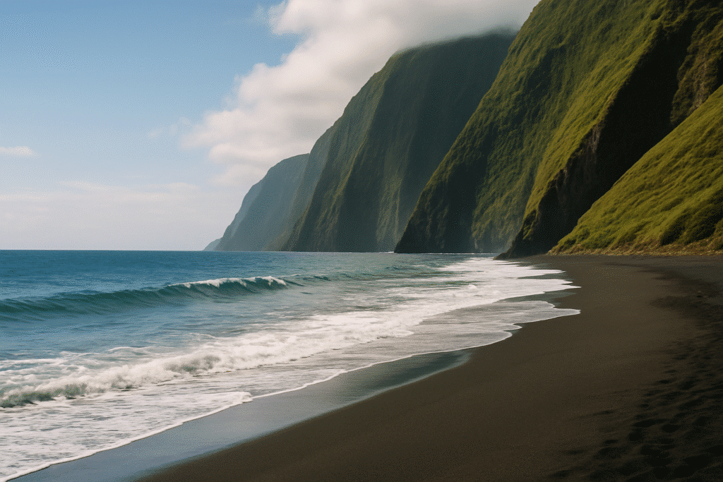 Awahua Beach, Hawaii – The Black Sand One That’ll Ruin All Other Beaches with dramatic cliffs and turquoise waves.