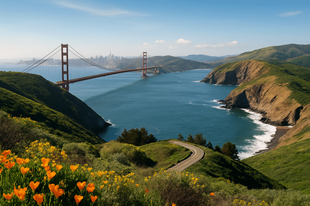 Golden Gate Bridge view with cliffs, ocean, and flowers – best day trips San Francisco.