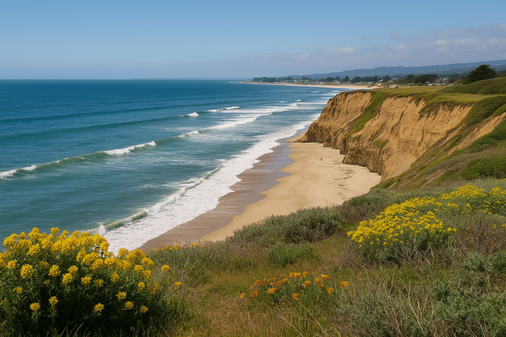 Half Moon Bay: Chill Vibes, Cliffs, and Killer Tacos – coastal cliffs and ocean waves with wildflowers in view.