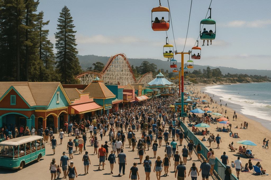 Santa Cruz: Surf Town Energy, Giant Trees, and Boardwalk Nostalgia – lively boardwalk, beach crowds, redwoods, and rides.