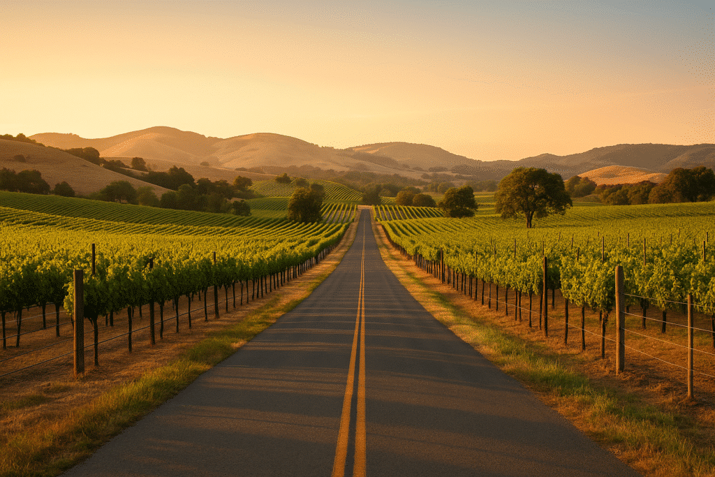 Scenic vineyard road at sunset, perfect for wine country road trips in California.