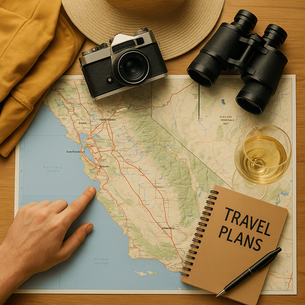 Getting Started: Planning Your Wine Country Road Trip with a California map, travel essentials, and a glass of wine.