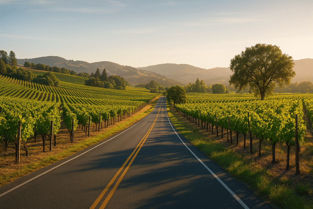 First Stop: Napa Valley Scenic Drive with vineyards, winding road, and golden California hills at sunset.