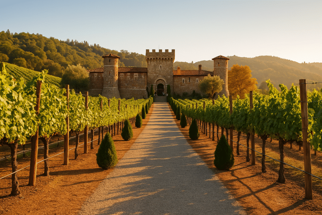Can’t-Miss Stops: Best Wineries in California Road Trip with vineyards and a castle-style winery in golden light.