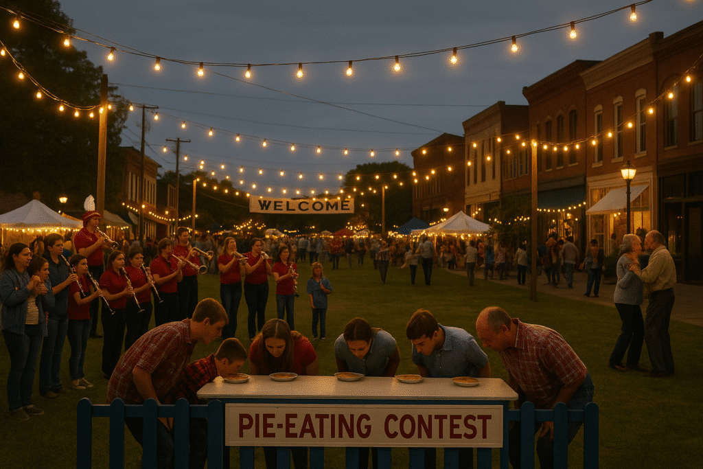 The Magic of Charming Festivals in America with glowing string lights, live music, pie-eating contests, and families enjoying a small-town evening celebration.