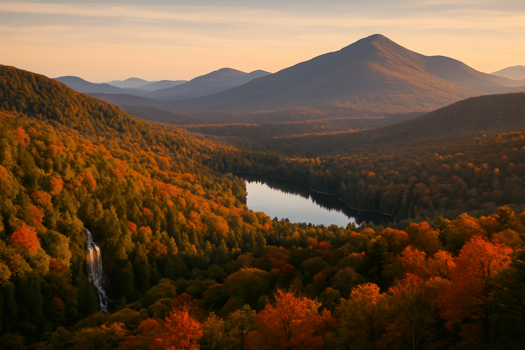 Scenic mountain getaways in the Northeast USA with autumn foliage, misty peaks, and a calm valley lake.
