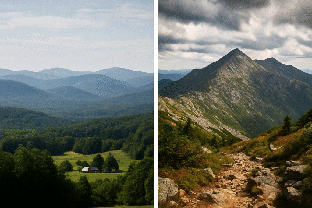 Green Mountains vs White Mountains showing Vermont’s rolling green ridges and New Hampshire’s rugged rocky peaks.
