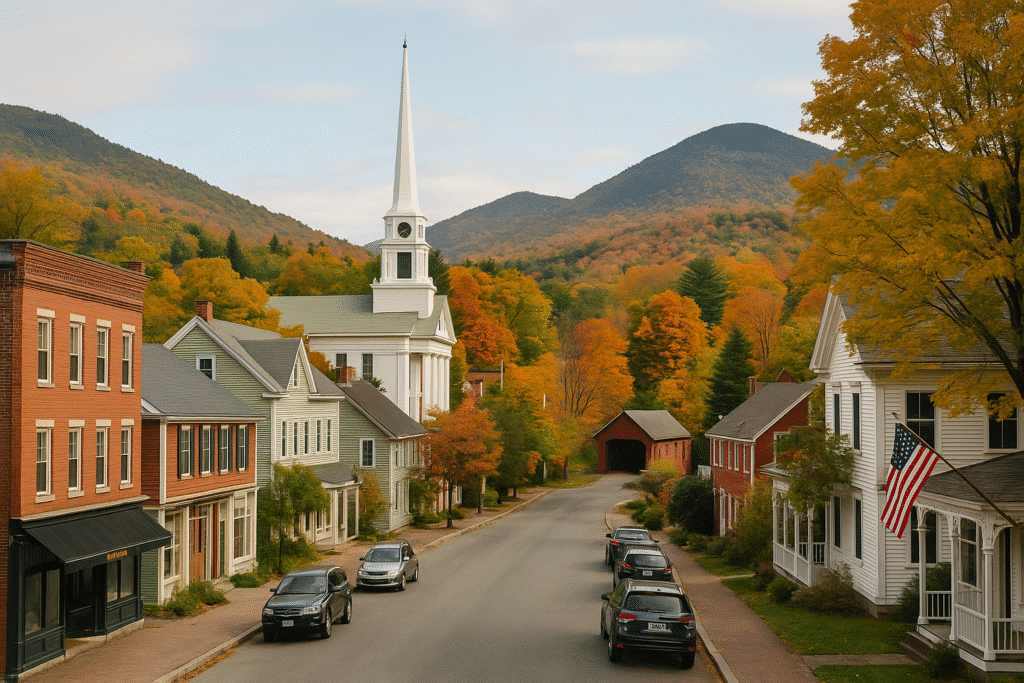 Mountain Towns in New England That Just Feel Right with charming streets, white steeple church, autumn foliage, and mountain backdrop.