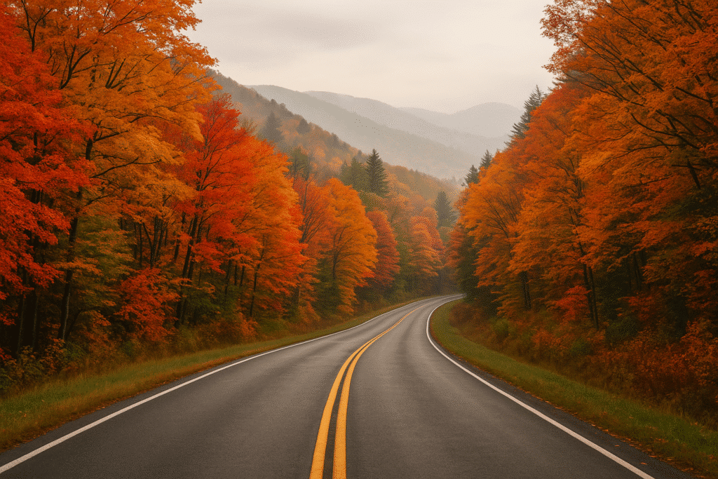 Scenic autumn highway with vibrant fall foliage along the East Coast, perfect for east coast fall road trips.