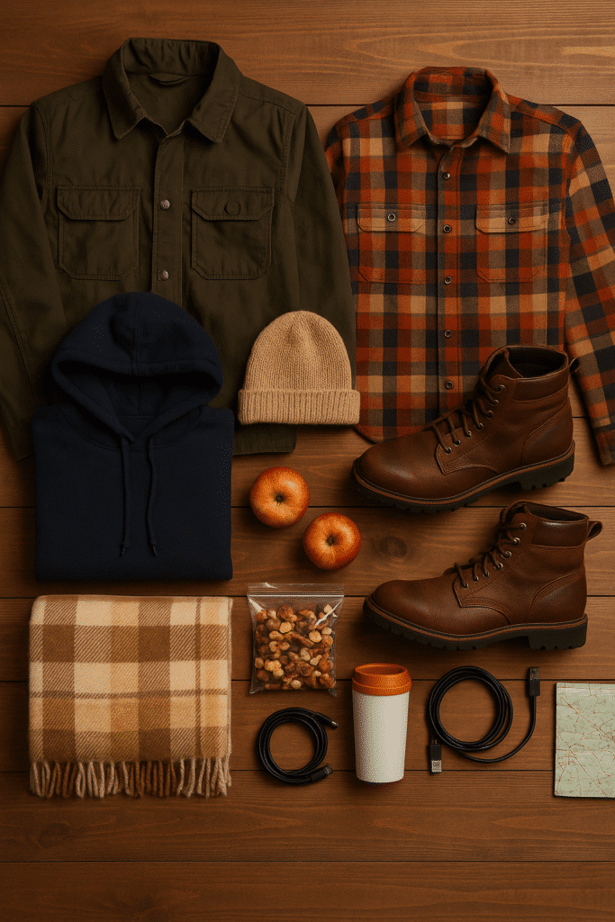 Packing for Fall Road Trips (You’ll Thank Me Later) with boots, flannels, hoodie, blanket, snacks, and travel essentials.