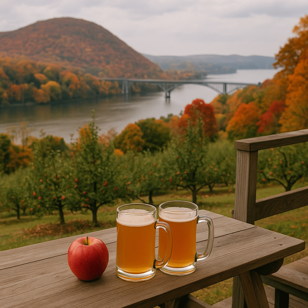 Hudson Valley, NY: Cider, Views, and Cozy Vibes with apple orchards, fall foliage, and mugs of cider overlooking the Hudson River.