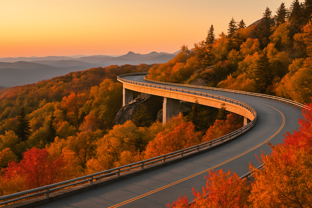 The Blue Ridge Parkway: America’s Favorite Drive for a Reason with winding roads, autumn foliage, and stunning mountain views.