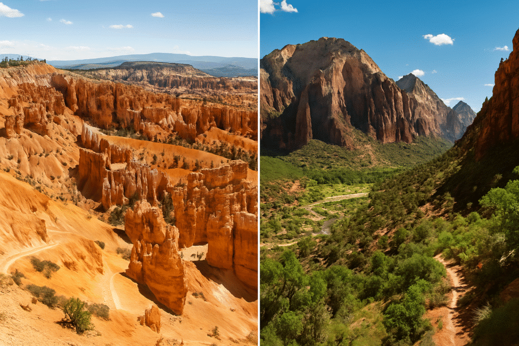 Bryce Canyon vs Zion: The Red Rock Showdown featuring Bryce’s hoodoos and Zion’s towering cliffs with a lush valley.