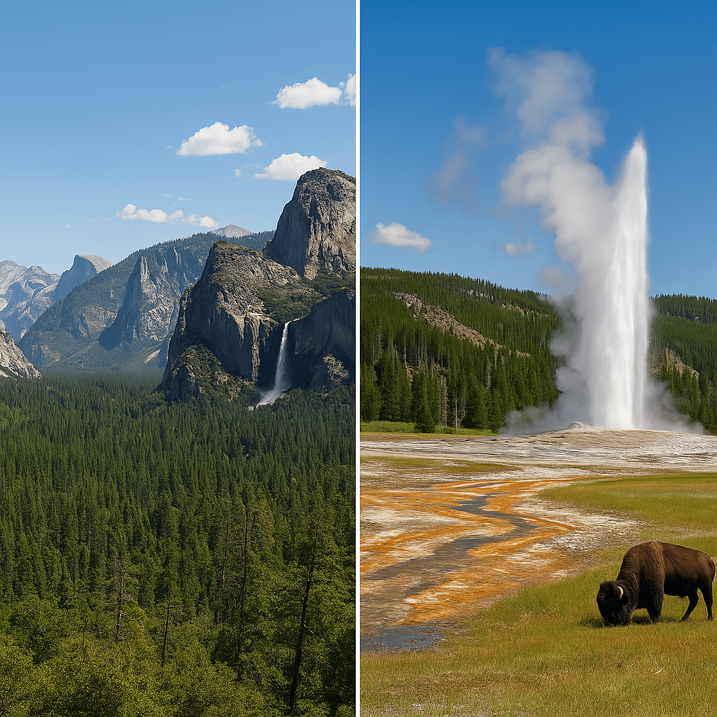 Yosemite vs Yellowstone: Classic Clash of Giants featuring Yosemite’s granite cliffs and waterfalls alongside Yellowstone’s geyser and bison.