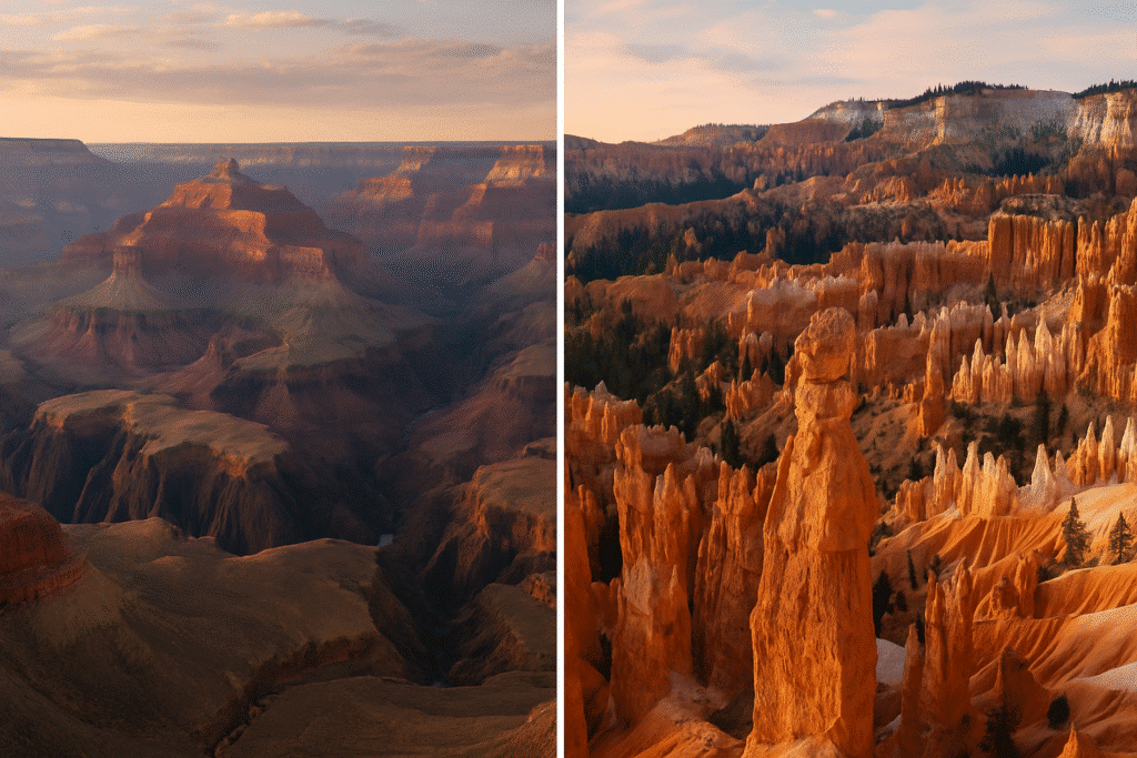 Grand Canyon vs Bryce Canyon: Deep vs Detailed with vast canyon cliffs on one side and Bryce’s hoodoos and spires on the other.