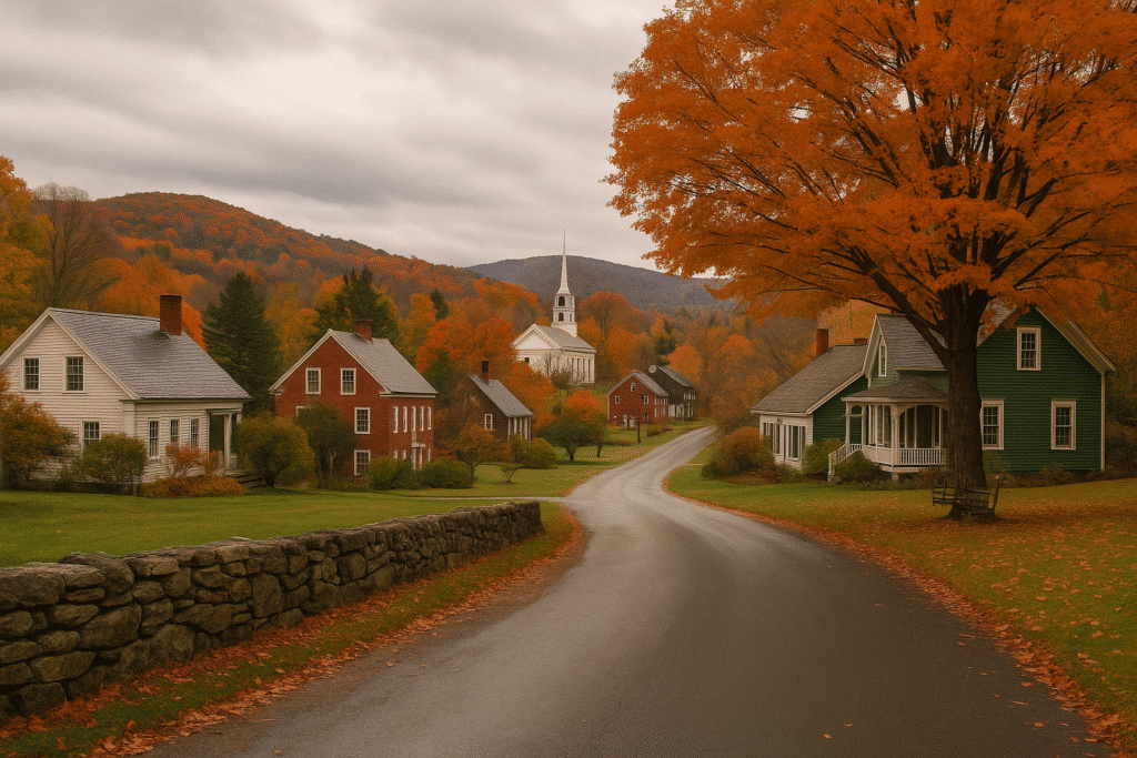 Charming small-town street with colorful autumn foliage and cottages, representing the best off-season destinations in the USA.