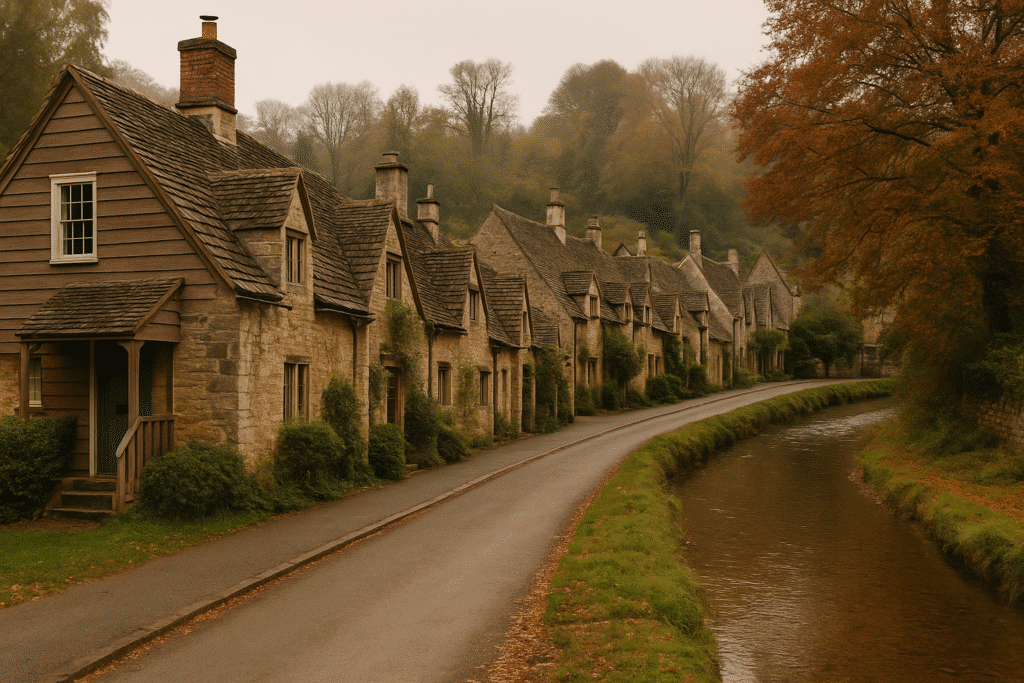 Charming American village with cottages, stone walls, and autumn scenery reflecting The Cotswolds Vibe — But Make It American.