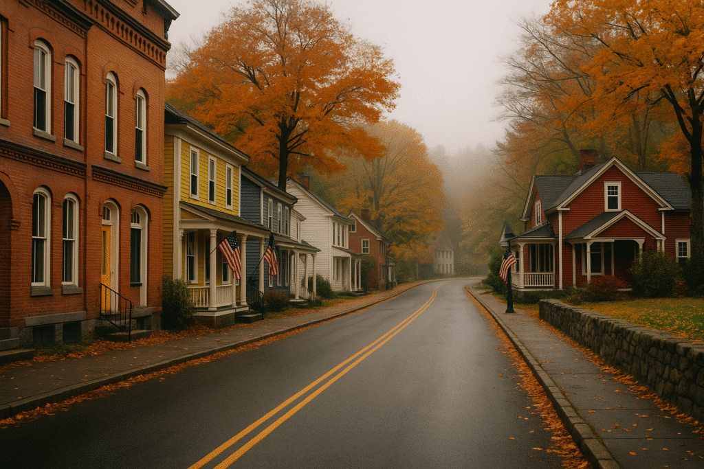 Charming autumn street scene with colorful houses and misty trees, showcasing Small-Town USA You’ll Fall for in the Off-Season.