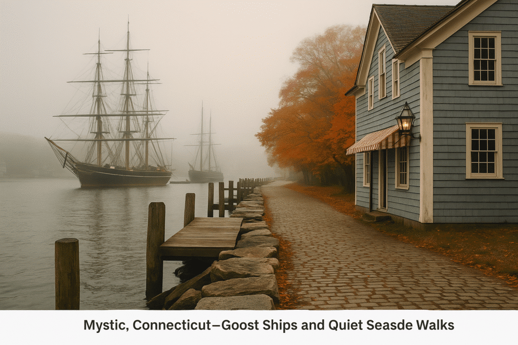 Misty harbor scene with historic tall ships and seaside path in Mystic, Connecticut — Ghost Ships and Quiet Seaside Walks.