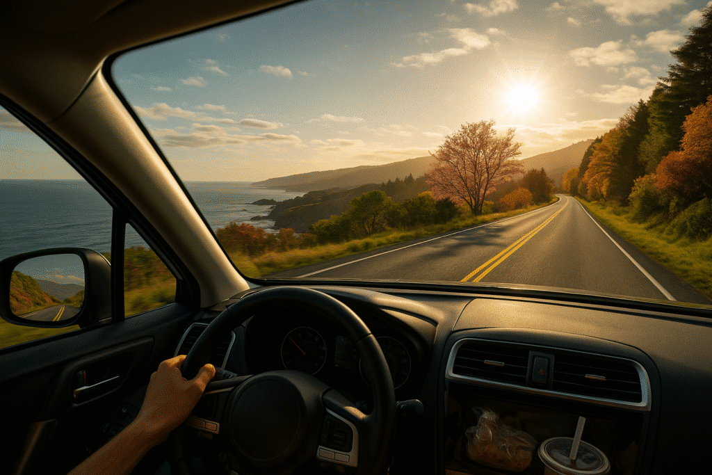 Scenic USA road trips for every season with a car driving along a coastal highway, colorful trees, and mountains under the setting sun.