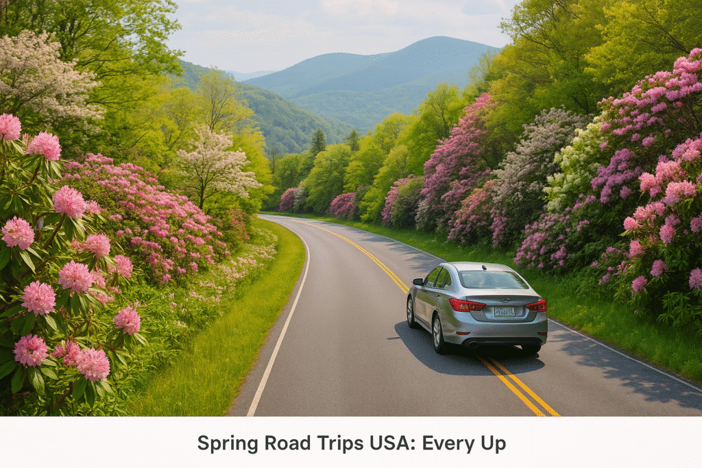 Spring Road Trips USA: Everything Wakes Up with a car driving through blooming flowers and lush green mountains.