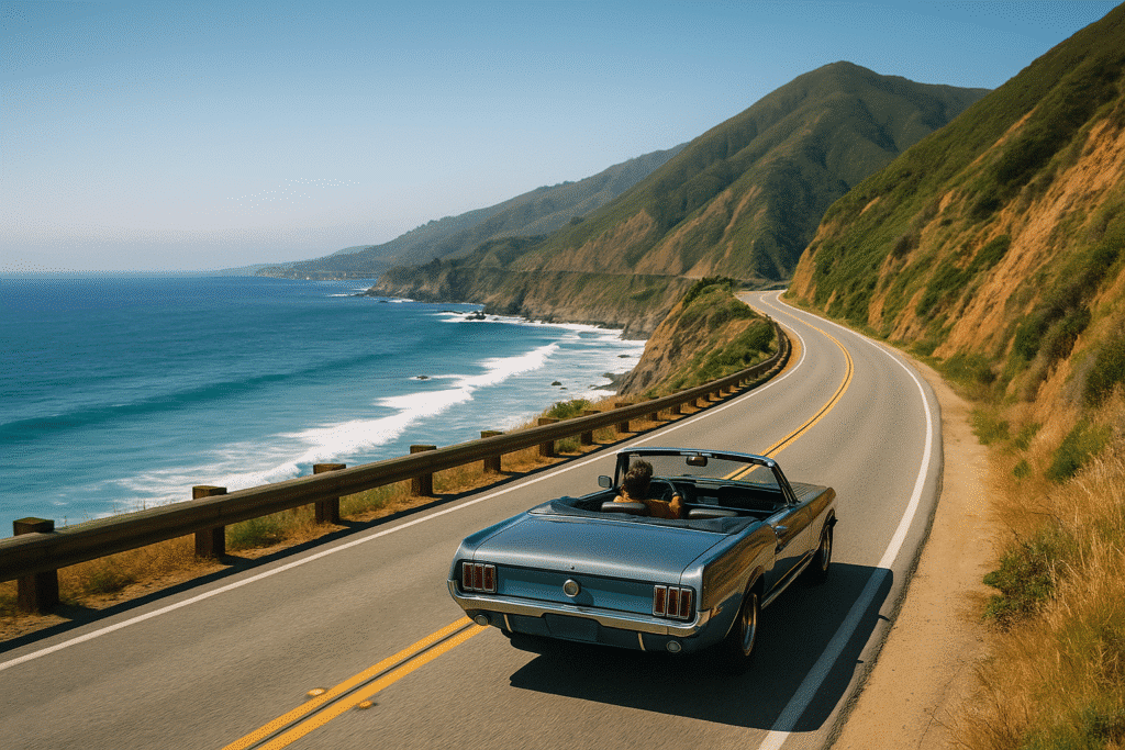 Summer Road Trips USA: Windows Down, Music Up with a convertible driving along a coastal highway under sunny blue skies.
