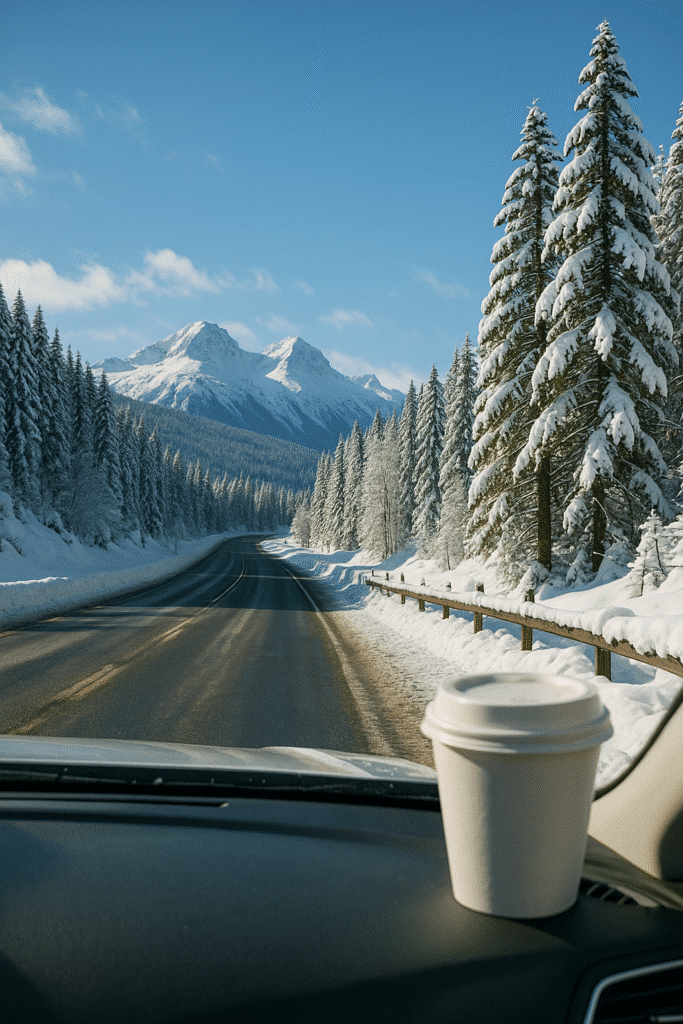 Winter Road Trips USA: Cold Noses, Warm Coffee with a snowy mountain road, frosted pine trees, and a coffee cup on the dashboard.