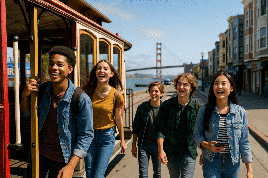 Teens exploring San Francisco with the Golden Gate Bridge and a cable car — San Francisco: Where Cool Meets Quirky.