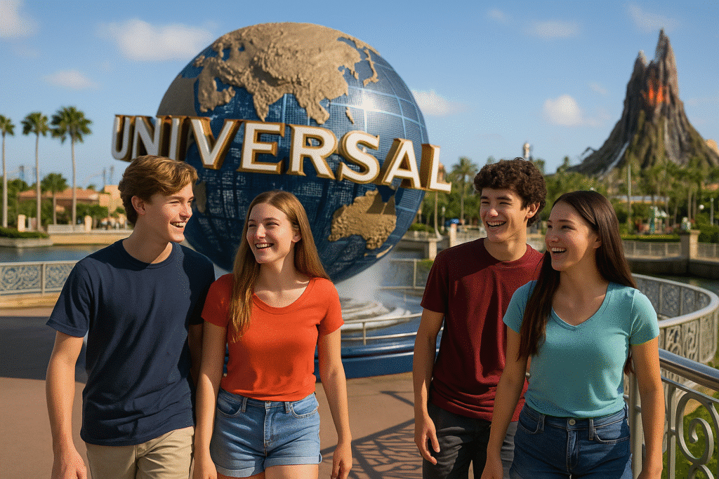 Teens enjoying Universal Studios with the iconic globe — Orlando, Florida: Not Just for Little Kids.