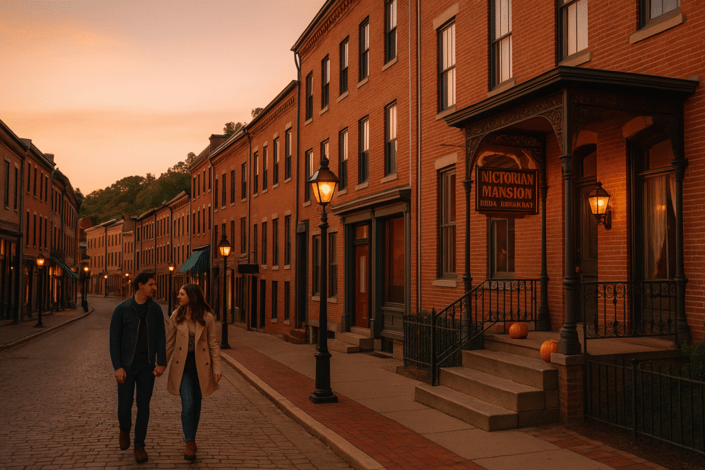 Galena, Illinois – Old-School Romance with Brick Streets and B&Bs, showing a couple walking along historic brick buildings and lampposts at sunset.