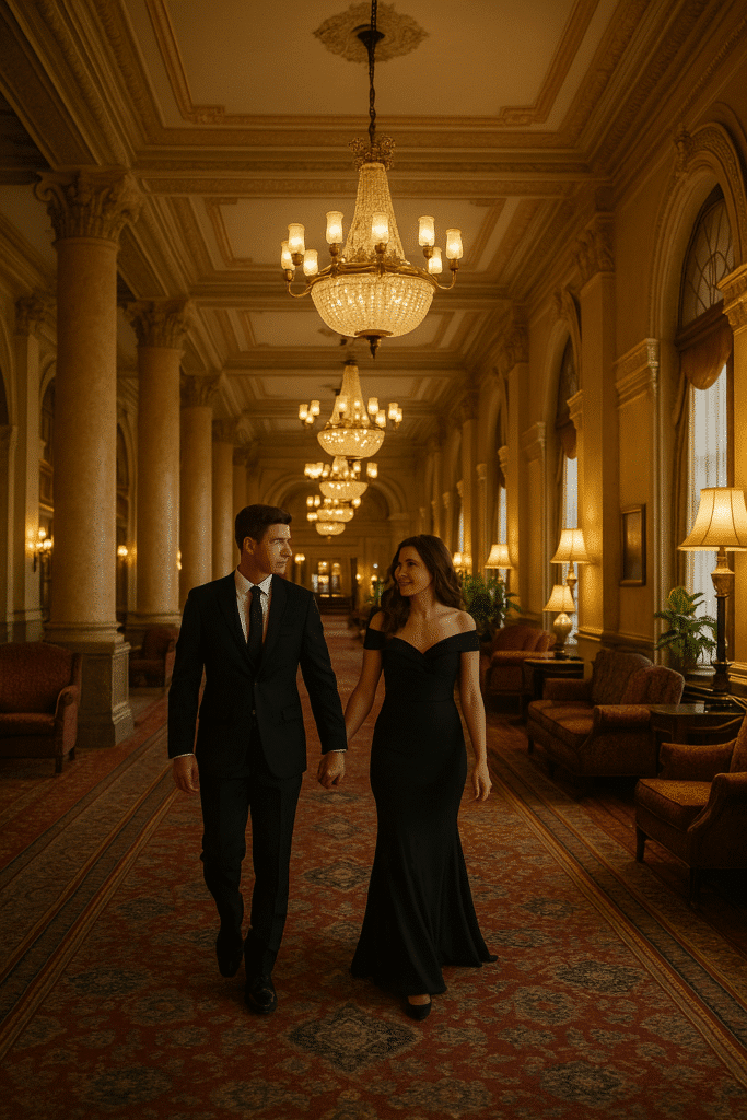 French Lick, Indiana – Trust Me, It’s Not Just About the Name, with a couple walking hand-in-hand inside the grand French Lick Resort under chandeliers.