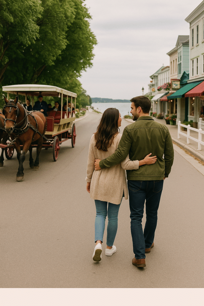 Mackinac Island, Michigan – No Cars, Just Carriage Rides and Fudge, with a couple walking along a charming street as a horse-drawn carriage passes by.