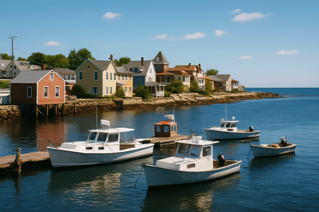Colorful harbor view with boats and cottages in small coastal towns to visit on each coast.