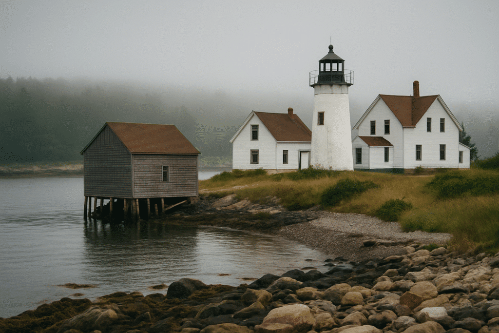 Foggy lighthouse and cottages on a rocky shoreline, representing hidden coastal gems most people miss.