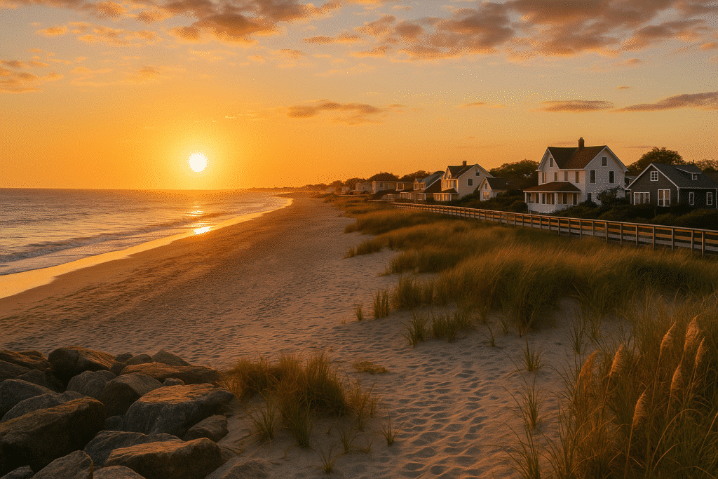 Sunset view over sandy beach and seaside houses showing the best time to visit these coastal towns.