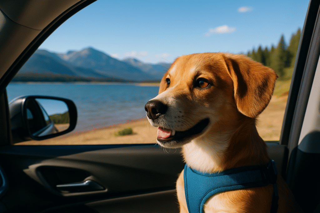 Dog enjoying a scenic road trip with mountains and lake view, symbolizing pet-friendly vacations in the USA.