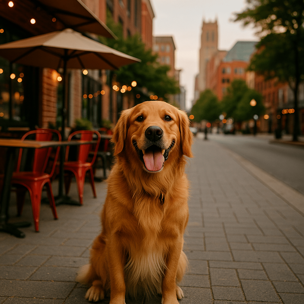 Golden retriever sitting happily in a lively city street café scene, symbolizing Best Pet-Friendly Cities That Totally Get You.