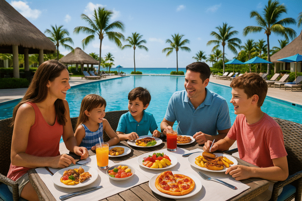 Family enjoying poolside dining at a tropical resort, showcasing the vibe of All-Inclusive Family Resorts USA: Is It Worth It?