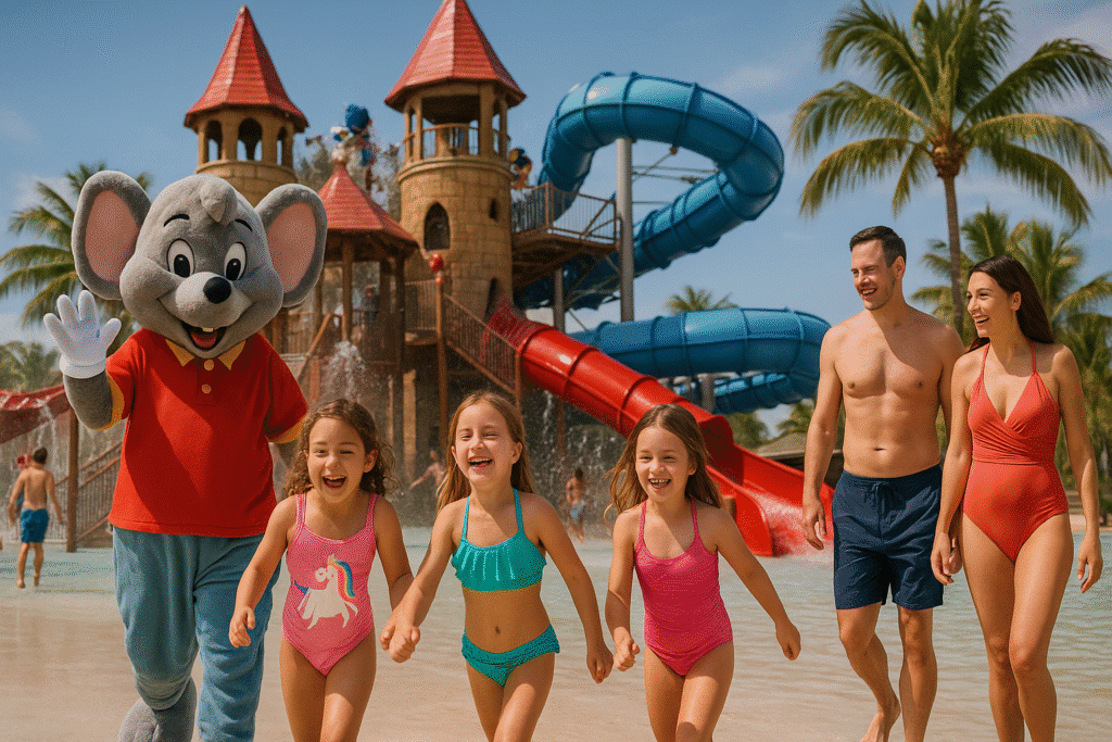 Family enjoying a vibrant water park with slides and a mascot, showcasing Disney-Level Fun Without Disney Prices.