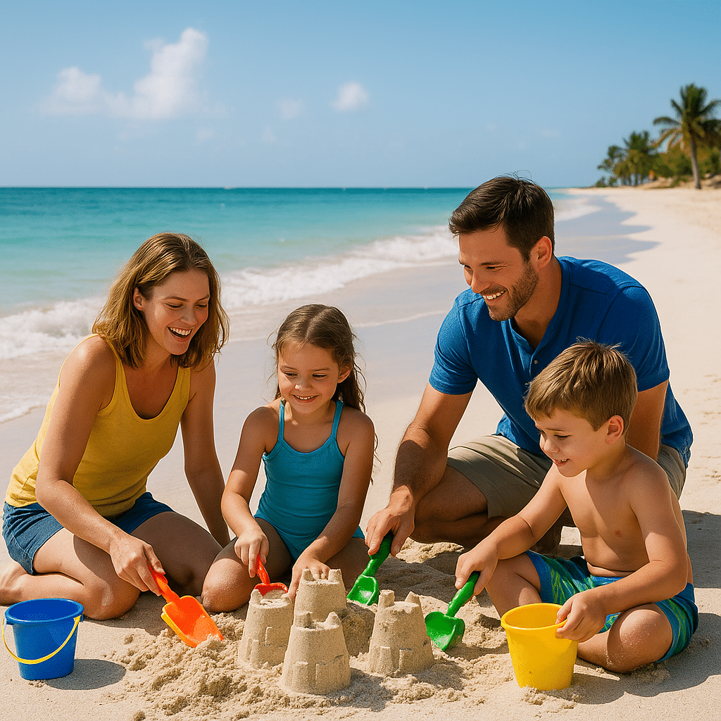 Family building sandcastles by the ocean, representing Family Beach Resorts America—Because Sand is a Free Toy.