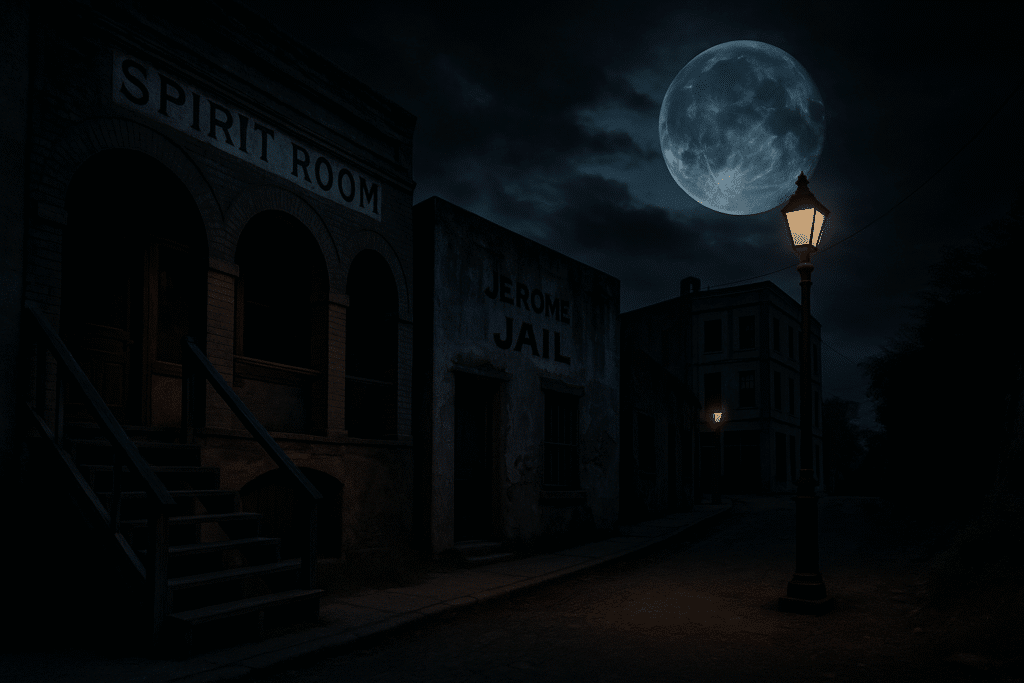 Nighttime street in Jerome, Arizona with the Spirit Room and old jail under a full moon, perfect for the best Jerome ghost tour.