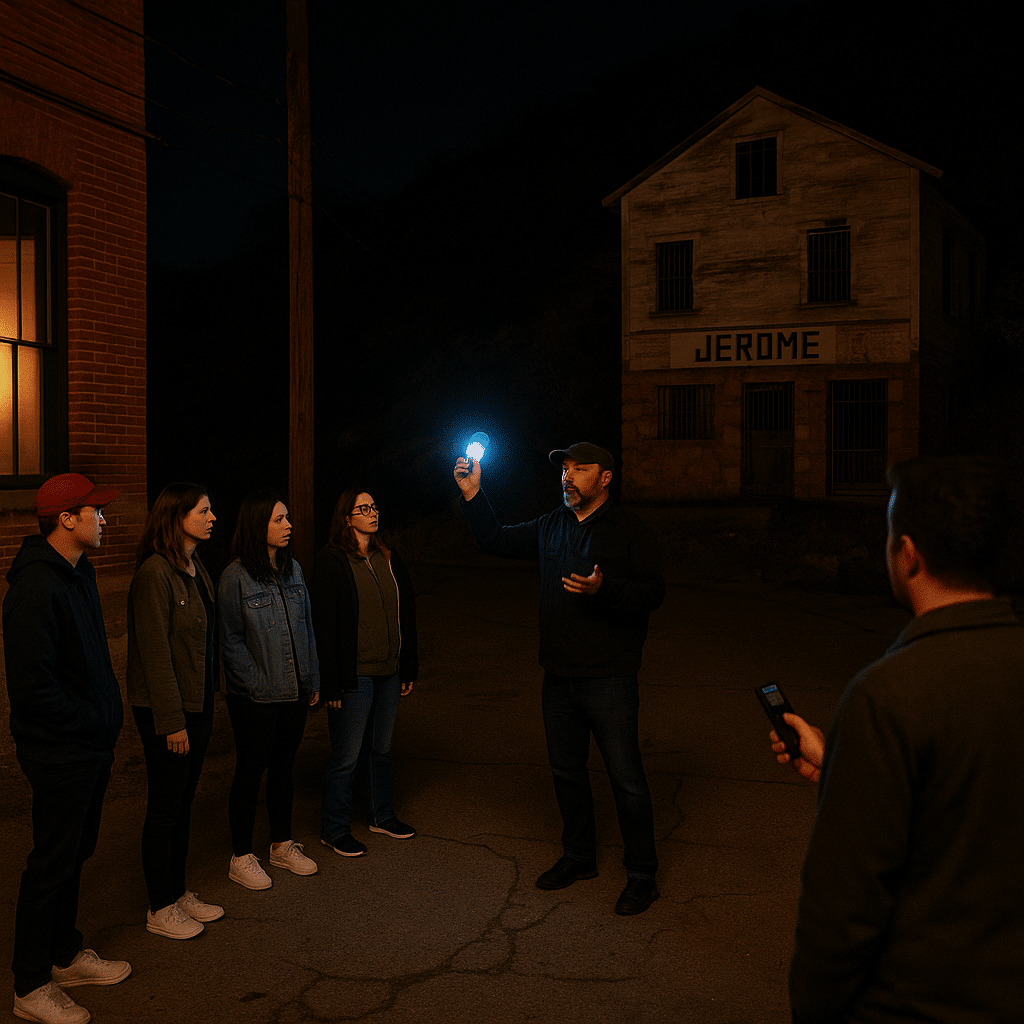 A guide leads a group at night in front of historic buildings, illustrating the Different Types of Ghost Tours in Jerome.