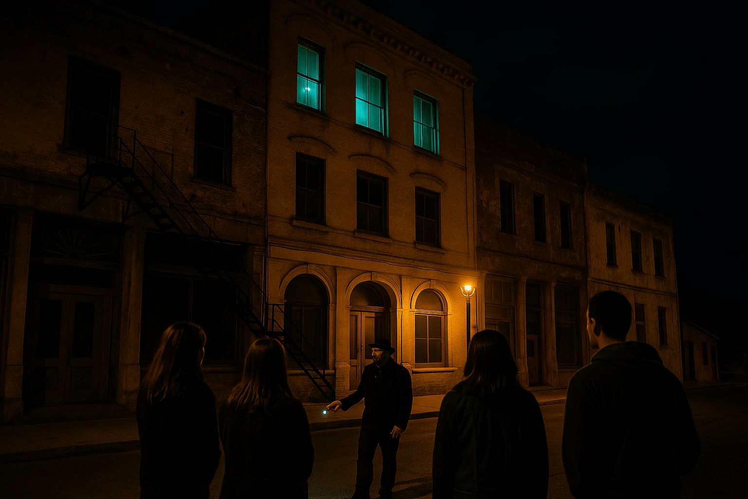 A nighttime ghost tour guide leads a group past eerie historic buildings, showcasing The Best Jerome Ghost Tour Options.