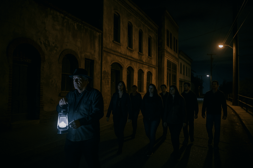 A ghost tour guide with a lantern leads a group through dark historic streets, showing Why “Jerome AZ Ghost Walk” Is Worth It.