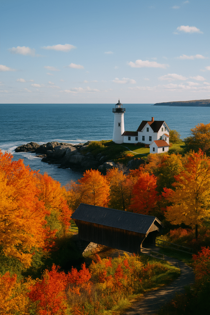 Scenic coastal view with a lighthouse, autumn foliage, and a covered bridge in New England – new england travel guide.
