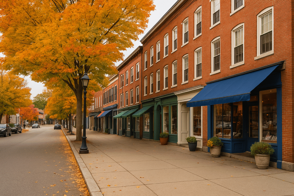 Charming New England street with brick buildings and autumn foliage – First Time in New England Tips.
