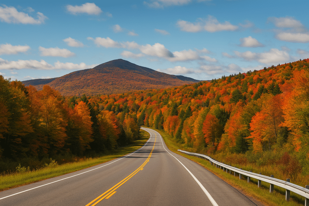 Scenic winding road through autumn foliage and mountains – New England Road Trip Itinerary.